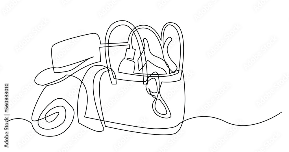 Poster continuous line drawing of vacation items in bag on beach - png image with transparent background