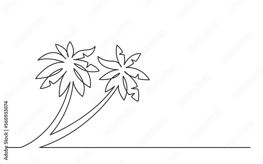 Poster continuous line drawing palm trees on beach - png image with transparent background