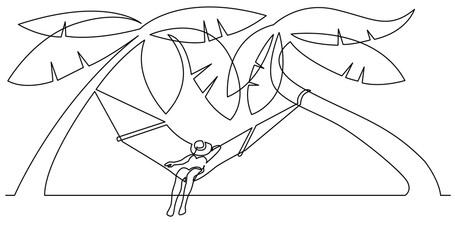 continuous line drawing of woman relaxing on hammock on tripical beach during vacation - PNG image with transparent background
