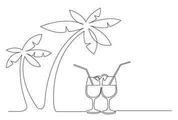 continuous line drawing palm trees cocktail drinks - PNG image with transparent background