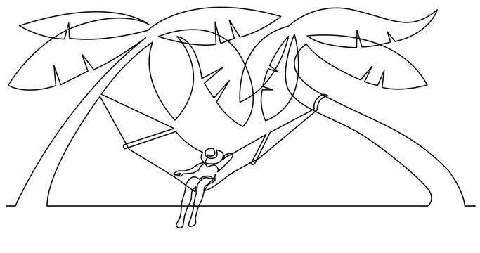 continuous line drawing of woman relaxing on hammock on tripical beach during vacation - PNG image with transparent background
