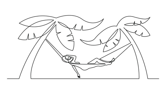 continuous line drawing of woman relaxing on hammock on tripical beach under palm trees - PNG image with transparent background