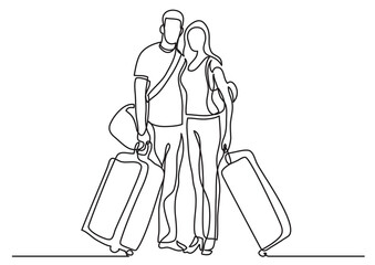 continuous line drawing travelling couple standing with baggage luggage - PNG image with transparent background