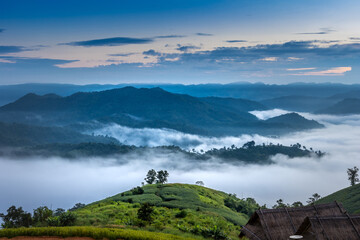 Beautiful mountain range misty morning in Mon mok ta wan viewpoint in Phop phra located in Tak...