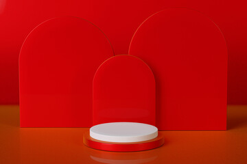 3d rendering modern white pedestal podium and modern geometry on red background