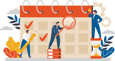 Flat vector illustration. The concept of business planning, time management. One person leads a team and schedules time 