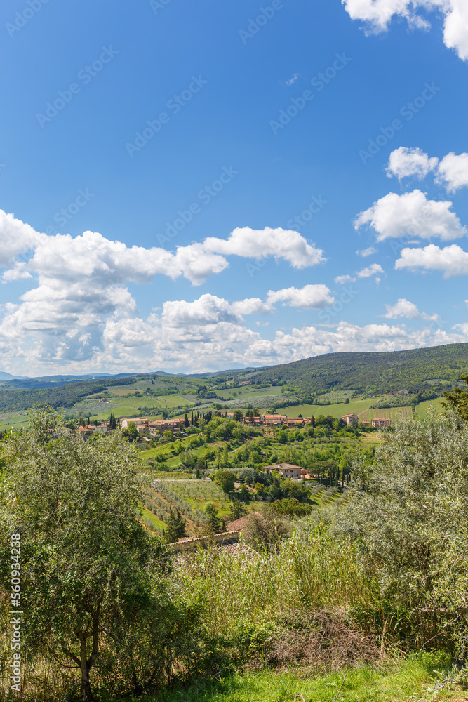 Poster Village in a valley on a hill in an idyllic Italian landscape