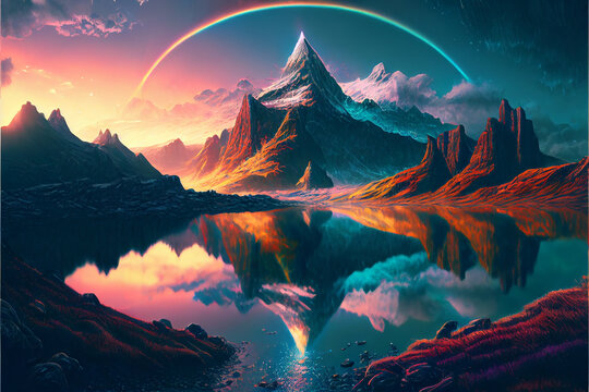 Amazing landscapes view of mountain with rainbow on sunrise. 2D Illustration (Created with Generative AI technology).