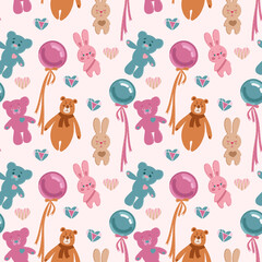Cute pattern with soft toys and balls. Can be used for the design of fabric print, wrapping paper, or romantic greeting cards.