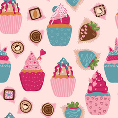 St. Valentine s Day seamless pattern with ice cream, cupcakes, hearts and strawberry on light pink background. Perfect for gift paper, greeting cards, wallpaper. Vector hand drawn illustration.