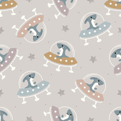 Seamless Vector Pattern with Cute Dino in Spaceships, Cartoon Animals Space Background. Galaxy print for baby clothes, t-shirts, wrapping, fabric, textiles and more