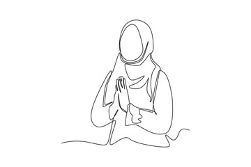 Continuous one line drawing muslim woman celebrate islamic event with gesture poses for welcoming Ramadan. Ramadan Concept. Single line draw design vector graphic illustration.