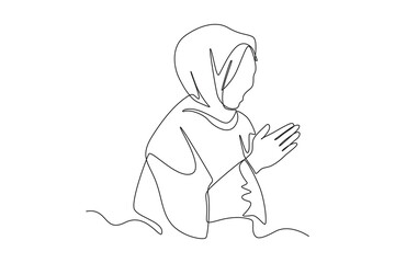Continuous one line drawing muslim woman celebrate islamic event with gesture poses for welcoming Ramadan. Ramadan Concept. Single line draw design vector graphic illustration.
