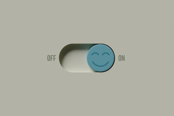 On and off toggle switch buttons with positive smile face icon, Positive thinking, Mental health assessment, World mental health day concept, Turn on sign of positive with good health, 3D rendering