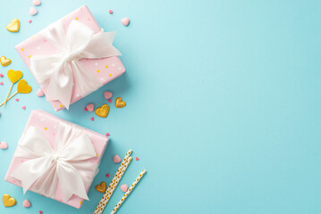 Valentine's Day concept. Top view photo of pink gift boxes with white ribbon bows golden hearts straws and sprinkles on isolated pastel blue background with empty space