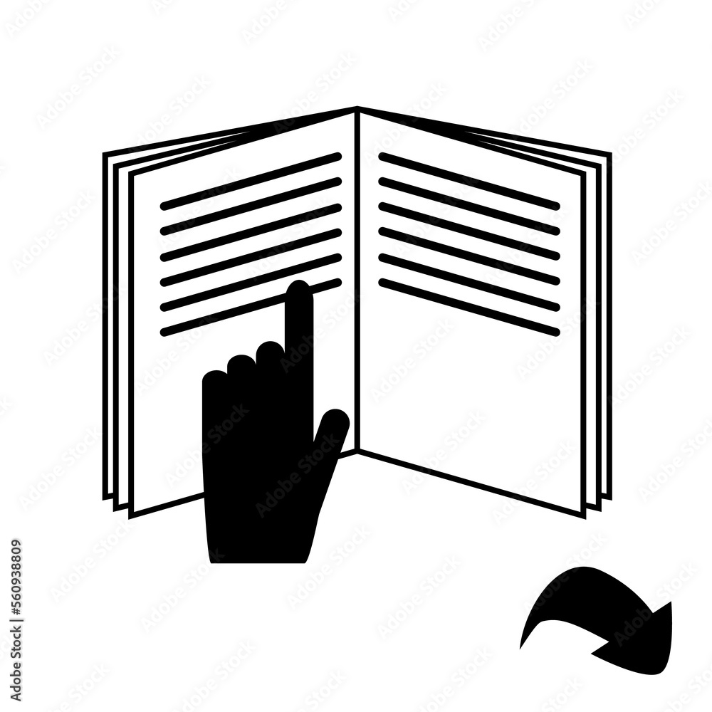 Fototapete open book with index finger - an icon for marking on product packages. instruction icon isolate on w