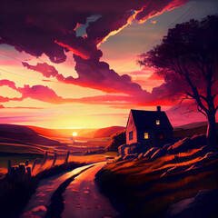 sunset over the village