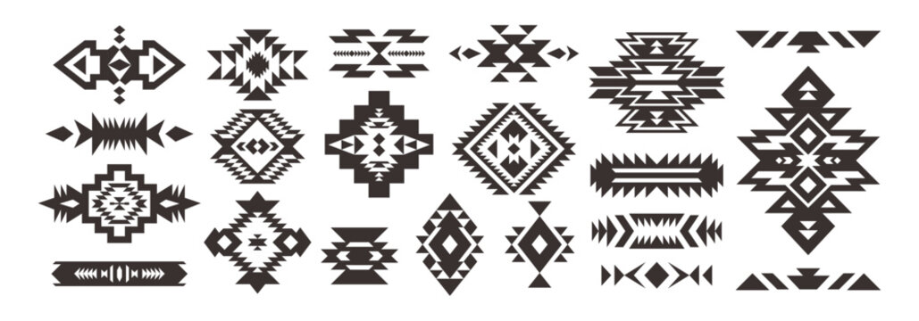 Set of Tribal decorative elements isolated on white background. Ethnic collection. Aztec geometric ornament.