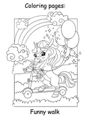 Cute unicorn riding a scooter kids coloring