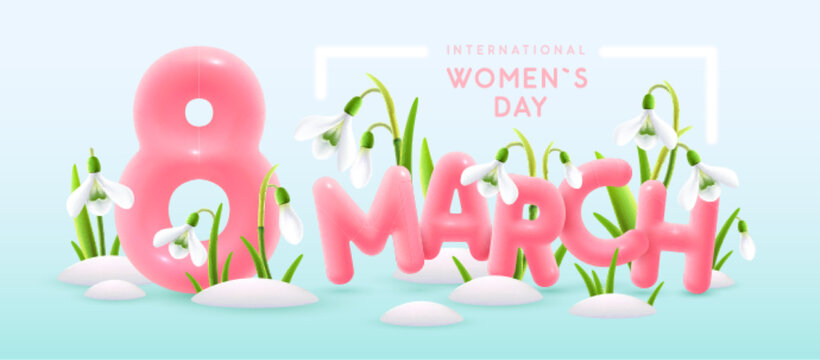 International Happy Women`s Day Greeting Card. Realistic Pink Plastic Number Eight And Snowdrop Flowers. March 8. Vector Illustration