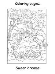 Cute princess unicorn dreams in a flower meadow kids coloring