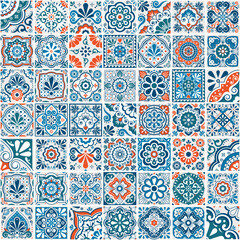 Mexican talavera tiles vector seamless pattern collection,  different size and style design set in turquoise green and orange, perfect for wallpaper, textile or fabric print 