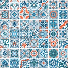 Stof per meter Mexican talavera tiles vector seamless pattern collection,  different size and style design set in turquoise green and orange, perfect for wallpaper, textile or fabric print  © redkoala