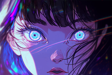 Obraz premium Beautiful potrait of a girl with beautiful anime cartoon eyeballs on the face