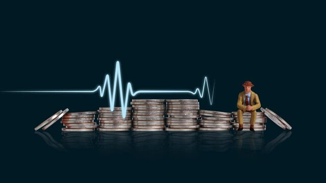 A miniature man sitting on a pile of coins and a heartbeat graphic. Concept of economic crisis management.
