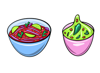 Mexican cuisine vector illustration. Chili soup and guacamole sauce. Illustration in flat cartoon style.