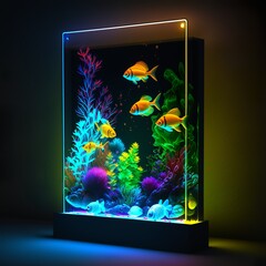glow in the dark colorful aquarium with fish