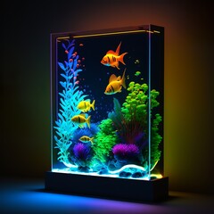glow in the dark colorful aquarium with fish