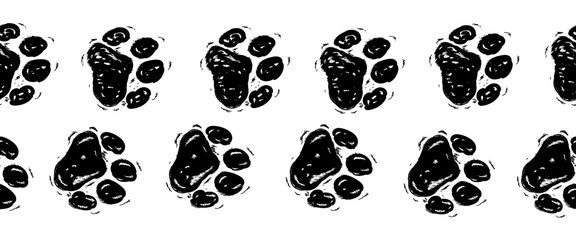 Fototapeta premium Paw vector foot trail print of cat. Dog, puppy silhouette animal diagonal tracks for t-shirts, backgrounds, patterns, websites, showcases design, greeting cards, child prints