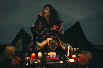 Close up yawning woman preparing food portrait picture. Blackout, no electricity. Closeup front...