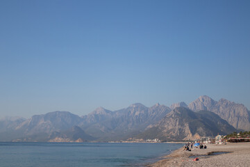 Panoramic view of Antalya and Mediterranean seacoast with mountains and beach