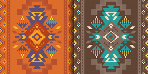 Aztec, Navajo geometric seamless patterns. Native American Southwest prints. Ethnic design wallpaper, fabric, cover, textile, rug, blanket.