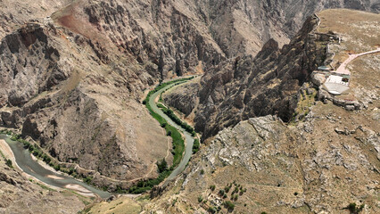 A valley and stream located near the Divriği district of Sivas. A drone view of a valley in Divrigi.