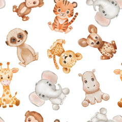 Safari animals seamless pattern. Cute baby watercolor hippo, elephant and tiger on white background.