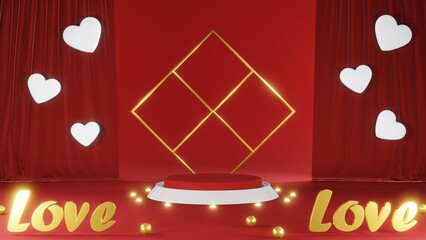 3D rendering of red podium for Valentine products on Valentine's Day.