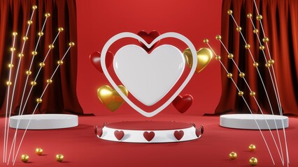 3D rendering of red podium for Valentine products on Valentine's Day.