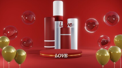 3D rendering of red podium for Valentine products on Valentine's Day.