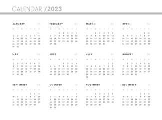 2023 Annual Calendar template. Vector layout of a wall or desk simple calendar with week start monday.