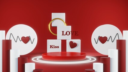 3D rendering of red podium for Valentine products on Valentine's Day.