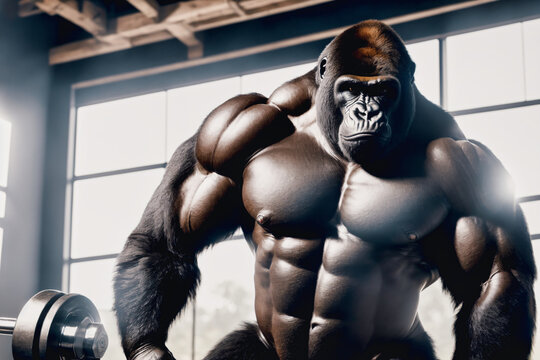 muscular bodybuilding gorilla is posing for a picture in a gym with bright window in back and light from above,generative AI