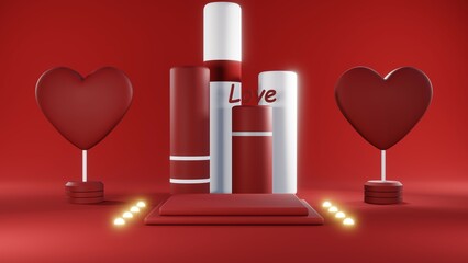 3D rendering of red podium for Valentine products on Valentine's Day.