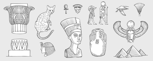 Egyptian column, cat, pharaoh, pyramids, key of life, Amun Ra, Set, Nefertiti, Scarab, crane.