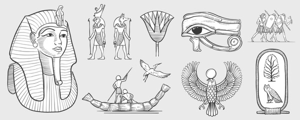 Eye of Horus, Tutankhamun’s pharaoh mask, stork, palm, owl, cartouche, fisherman on papyrus boat, warriors, Horus falcon, Amun Ra, Anubis. - obrazy, fototapety, plakaty