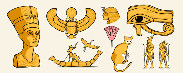 Nefertiti bust, sacred Scarab, fisherman on papyrus boat, eye of Horus, cat, crane, palm, Amun Ra, Anubis, Cleopatra.