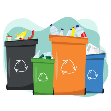 Waste sorting, Sorting waste for recycling, garbage sorting, recycling bins. Different types of garbage: paper, plastics, glass, organic.Modern flat vector illustration.