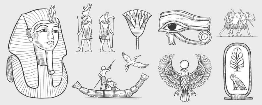 Eye of Horus, Tutankhamun&rsquo;s pharaoh mask, stork, palm, owl, cartouche, fisherman on papyrus boat, warriors, Horus falcon, Amun Ra, Anubis.